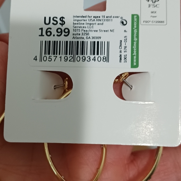 GOLD PLATED SIMPLE CLASSIC 1.75" HOOPS HOOP GOLD ROUND EARRINGS WITH CRYSTALS - Picture 7 of 7